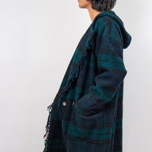 90s blue and green plaid fringe blanket coat xl extra large / oversized coat / l